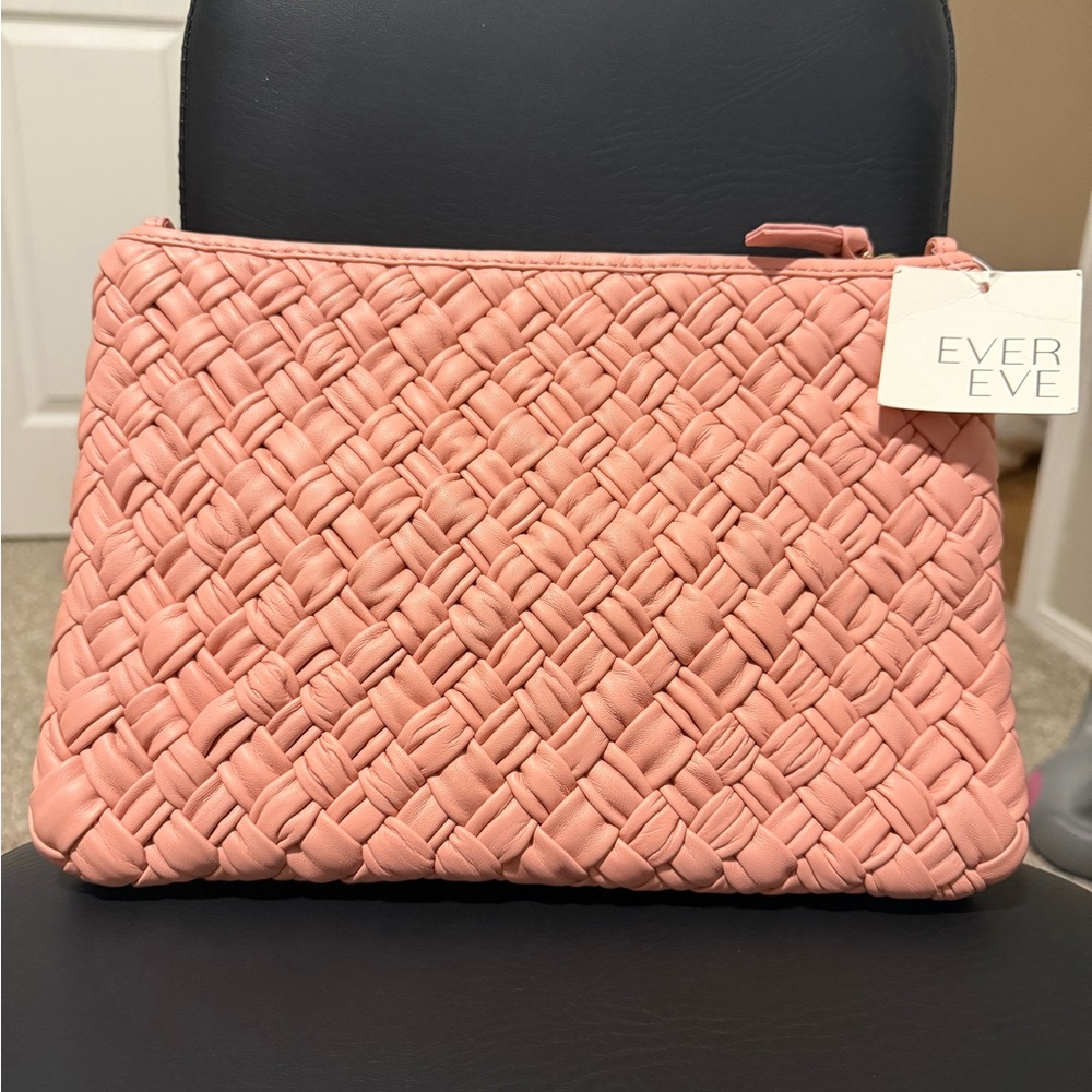 Clare V Puffy Woven Leather Clutch with Tabs in blush pink NWT